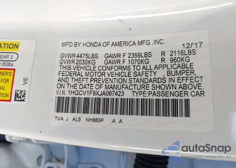 2018 Honda Accord Touring z USA, uszkodzony, nr VIN 1HGCV1F9XJA067423